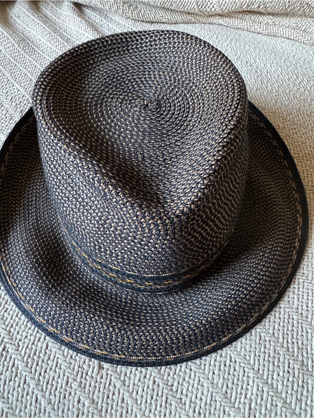 Eric Javits Black Woven Straw Fedora Hat, black with gold - Picture 5 of 8